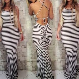 Backless Maxi Long Striped Dress Black & White